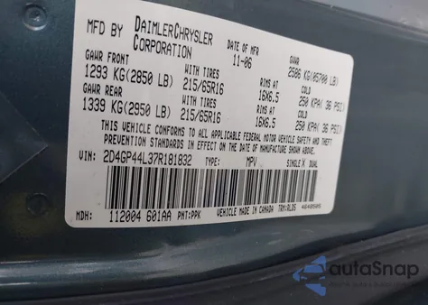 2007 Dodge Grand Caravan Sxt z USA, uszkodzony, nr VIN 2D4GP44L37R181832